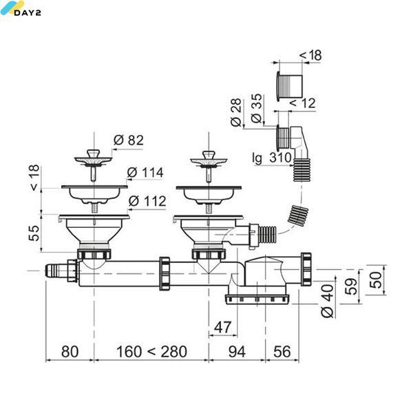 Сифон для подвійної кухонної мийки Espace повний комплект 1&frac12;"&times;&Oslash;40мм WIRQUIN (9542400) 9542400 фото