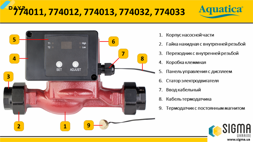 Насос циркуляційний з термодатчиком 100Вт Hmax 6м Qmax 75л/хв &Oslash;1&frac12;" 130мм+гайки &Oslash;1" AQUATICA (774033) 774033 фото