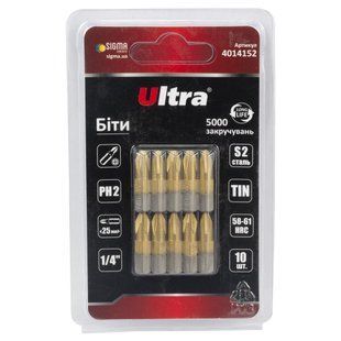Біти PH2&times;25мм &frac14;" 10шт S2 TIN (блістер) ULTRA (4014152) 4014152 фото