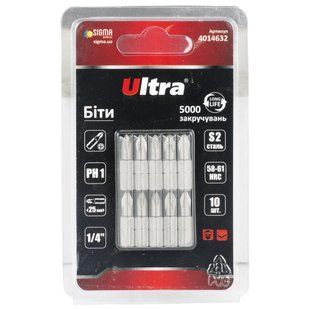 Біти PH1&times;25мм &frac14;" 10шт S2 (блістер) ULTRA (4014632) 4014632 фото