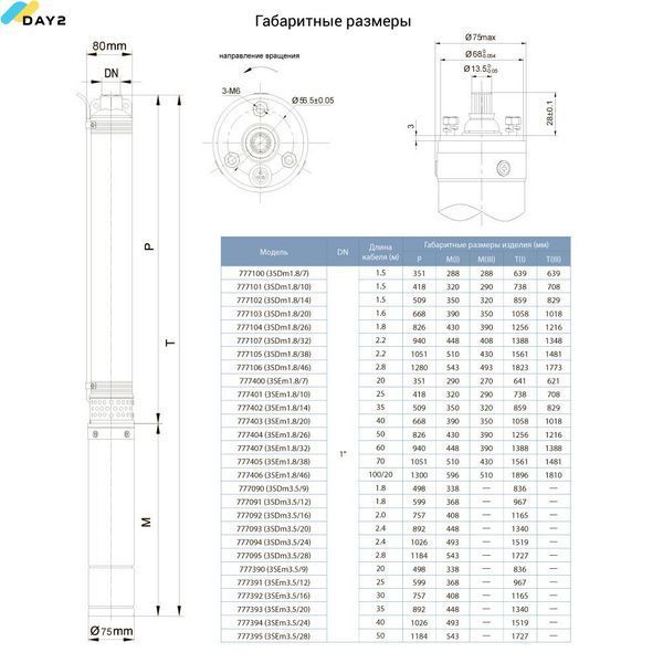Насос відцентровий свердловинний 0.55кВт H 86(66)м Q 45(30)л/хв &Oslash;80мм AQUATICA (DONGYIN) 3SDm1.8/20 (777103) 777103 фото