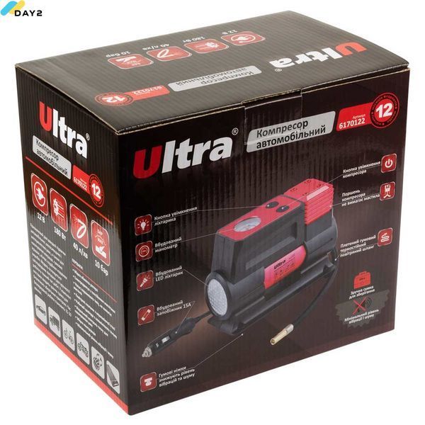 Компресор автомобільний 12В 180Вт 12А 40л/хв 10бар з ліхтариком сумка ULTRA (6170112) 6170112 фото
