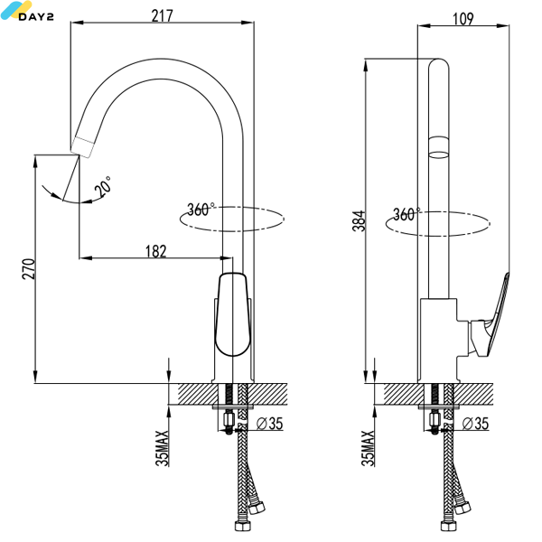 Змішувач SERIO &Oslash;35 для кухні J-излив на шпильці CORSO 9626100 (DC-5B146C) 9626100 фото