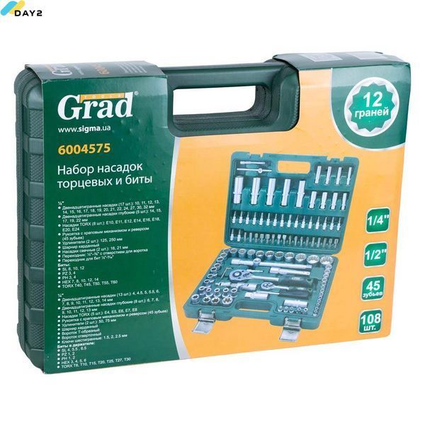 Набір насадок торцевих і біти 1/4", 1/2" 108шт (12 граней) GRAD (6004575) 6004575 фото